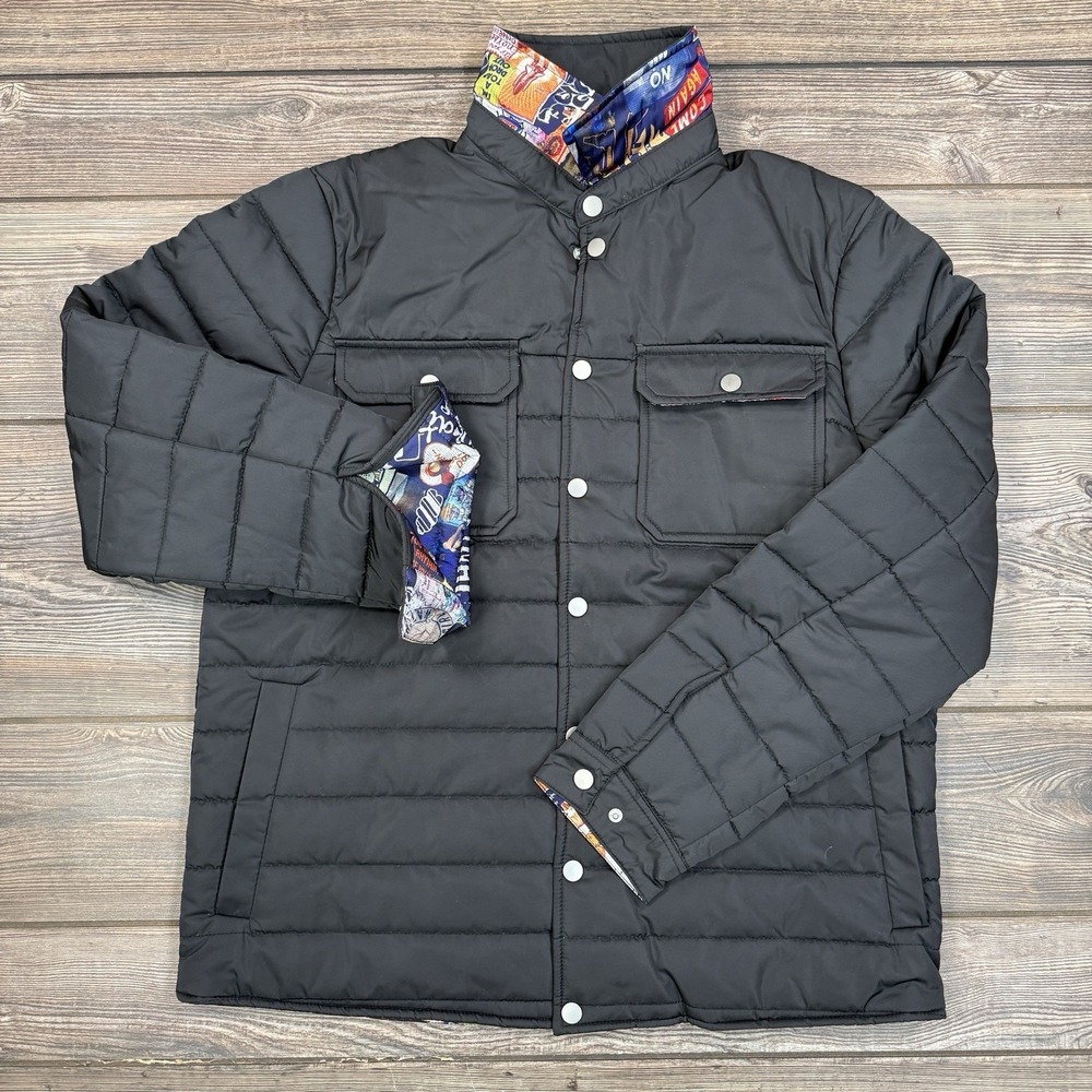 Robert Graham Men's Quilted Jacket‎ Puffer Shirt Size Large Black Print Lining